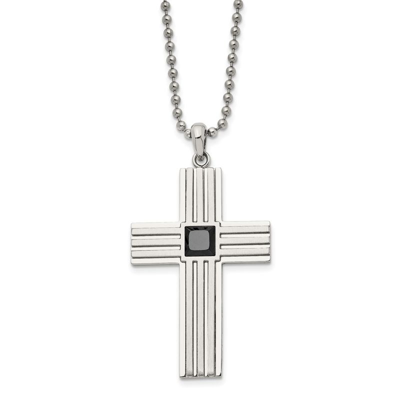 Steel Brushed Square Black Cz Cross Pendant On A 24in Ball Chain Necklace 85$